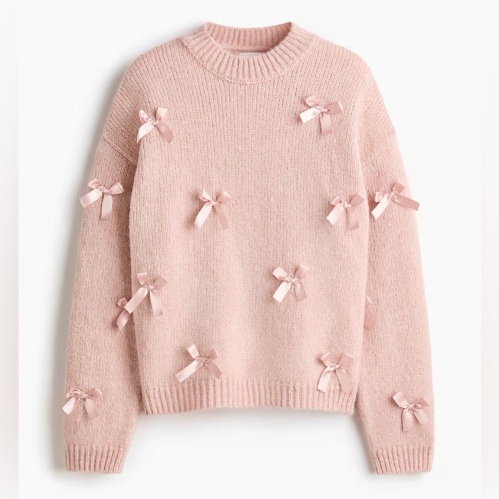 Pink Blush Sweater Adorned With Tiny Bows Crew Neck Long Sleeves 
Soft Large NWT